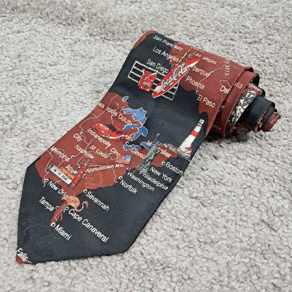 Coca-Cola Mens Vintage USA Map Graphic Print Necktie Red Black Polyester
